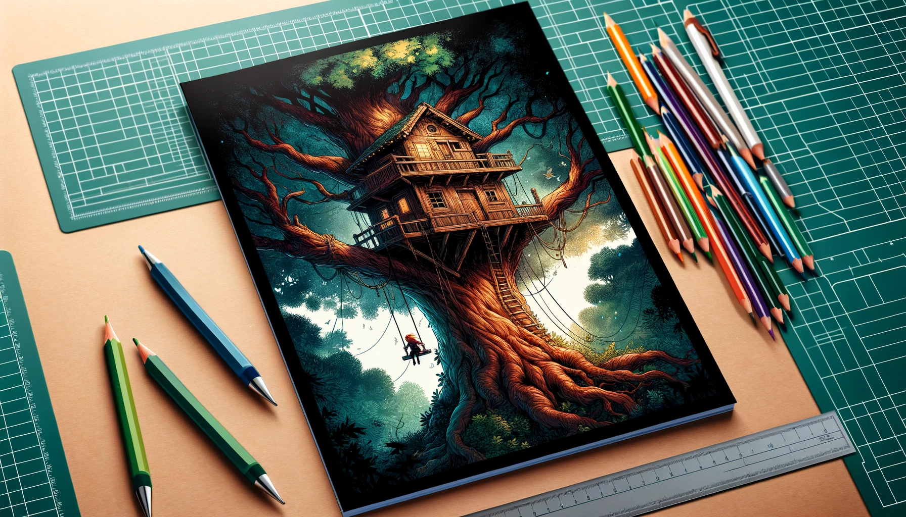 DALL·E 2024-03-22 14.59.03 - Design a comic book cover featuring a treehouse nestled high in the branches of a grand old oak tree. The cover should capture the whimsical and adven.webp